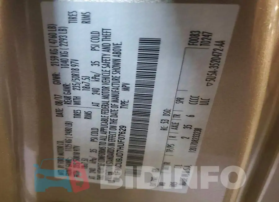 1FMCU9JD7HUF07629 Photo# 13