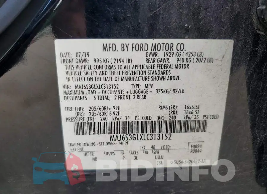 MAJ6S3GLXLC313152 Photo# 13