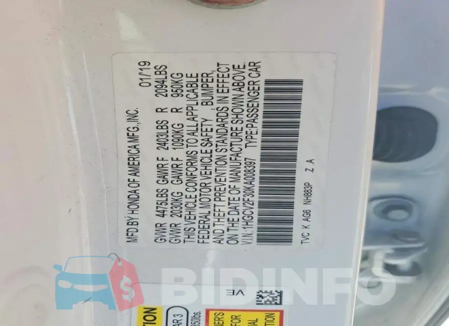 1HGCV2F30KA008397 Photo# 12