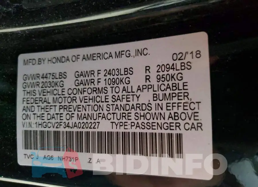 1HGCV2F34JA020227 Photo# 13