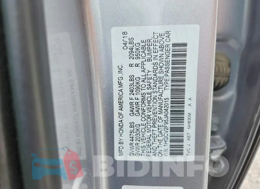 1HGCV2F95JA042015 Photo# 12
