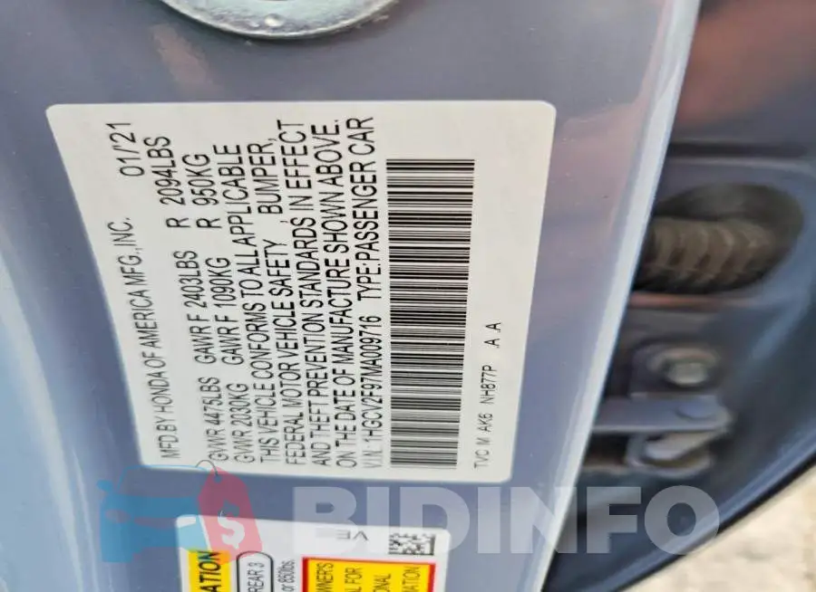 1HGCV2F97MA009716 Photo# 13