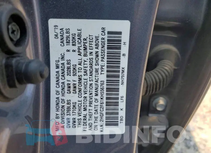 2HGFC2F61KH556763 Photo# 12