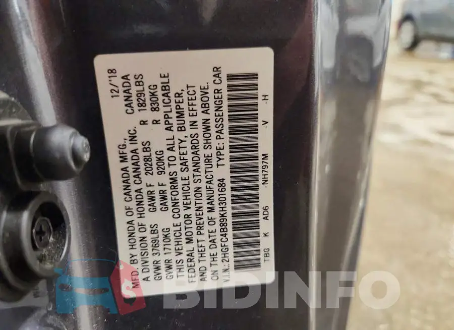2HGFC4B89KH301684 Photo# 12