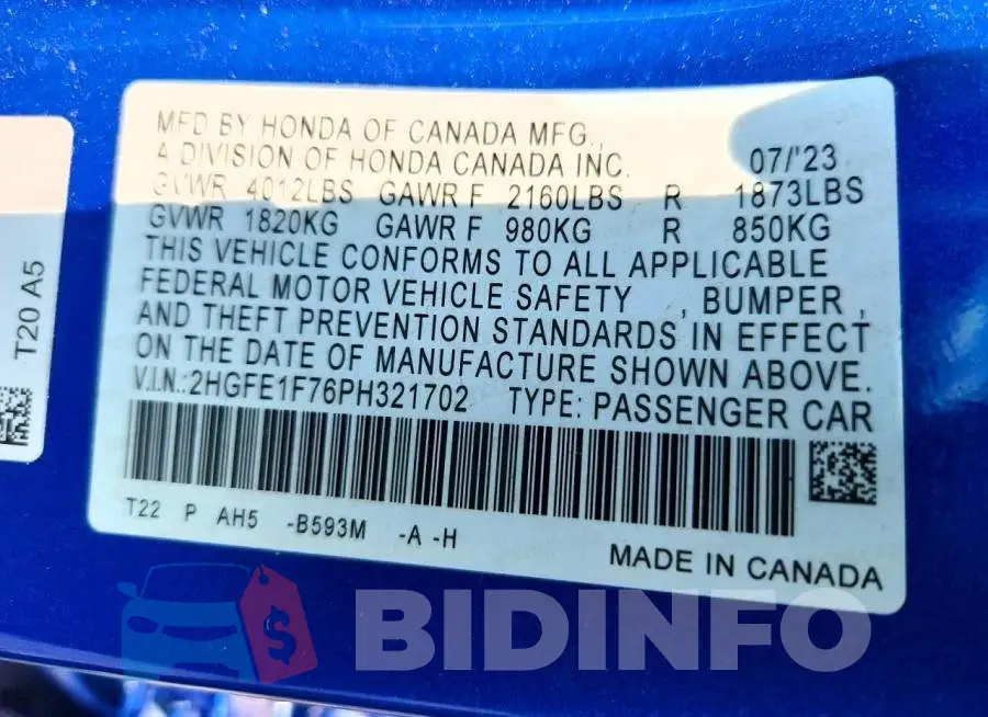 2HGFE1F76PH321702 Photo# 13
