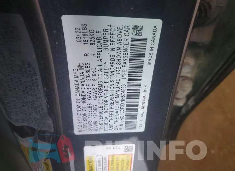 2HGFE2F2XNH574836 Photo# 12