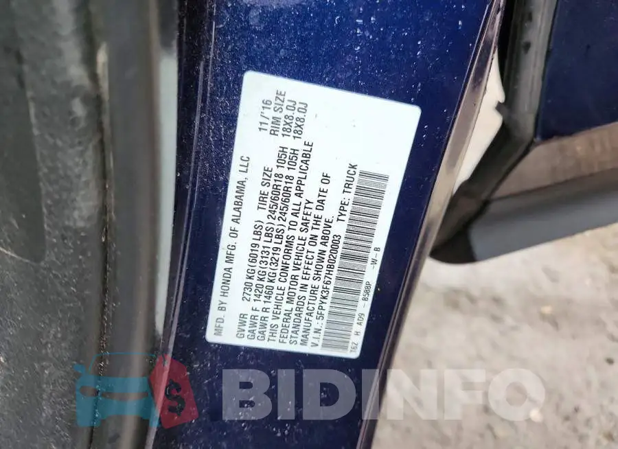 5FPYK3F67HB020003 Photo# 12