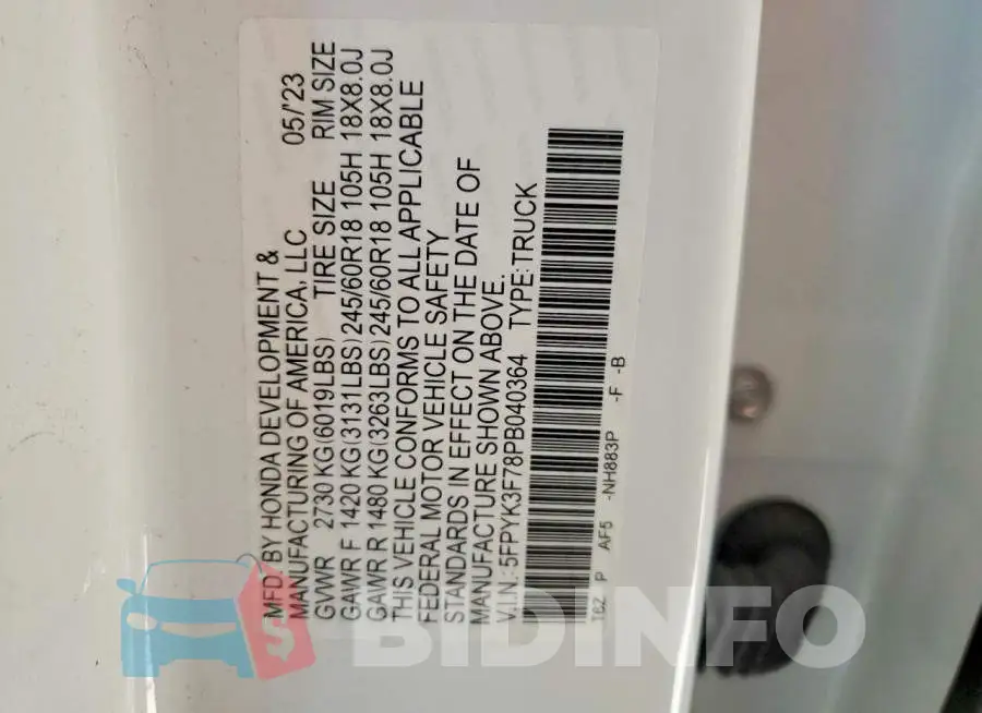 5FPYK3F78PB040364 Photo# 12
