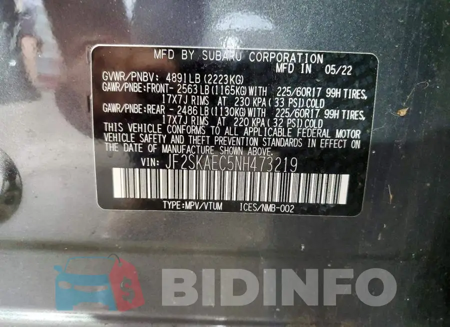 JF2SKAEC5NH473219 Photo# 12