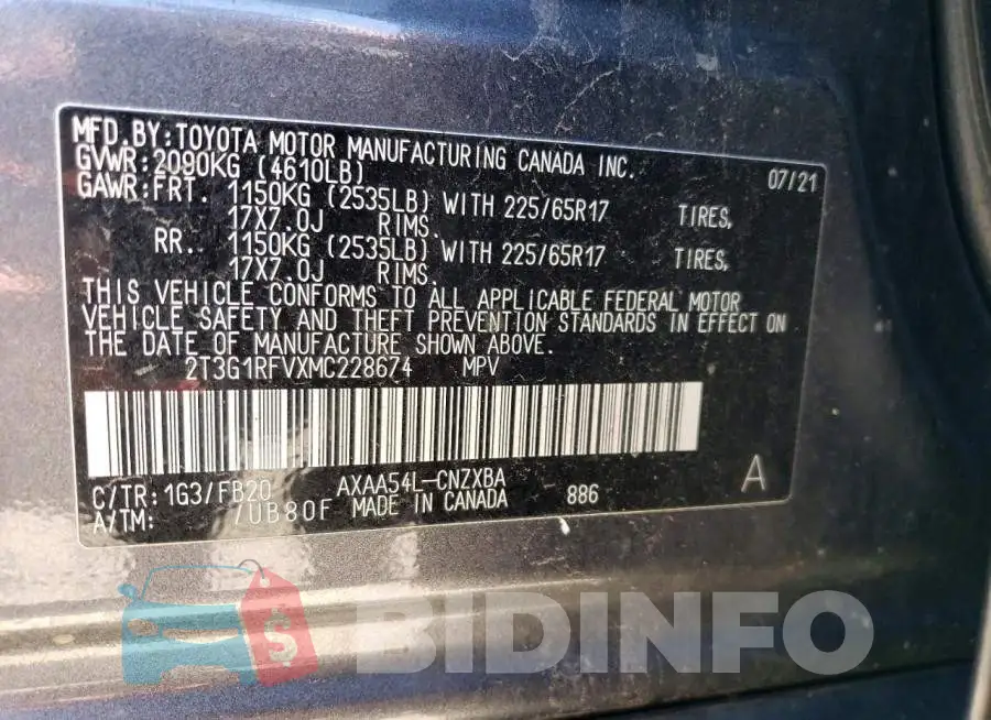 2T3G1RFVXMC228674 Photo# 13