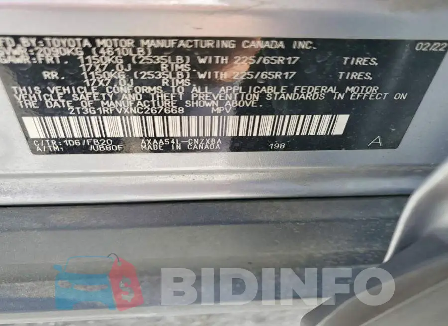 2T3G1RFVXNC267668 Photo# 13