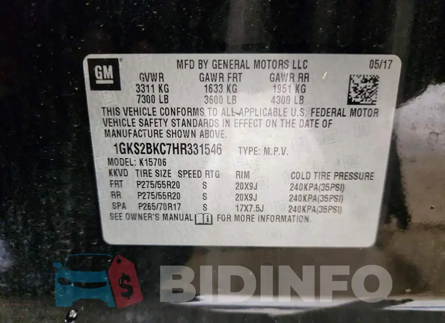 1GKS2BKC7HR331546 Photo# 13