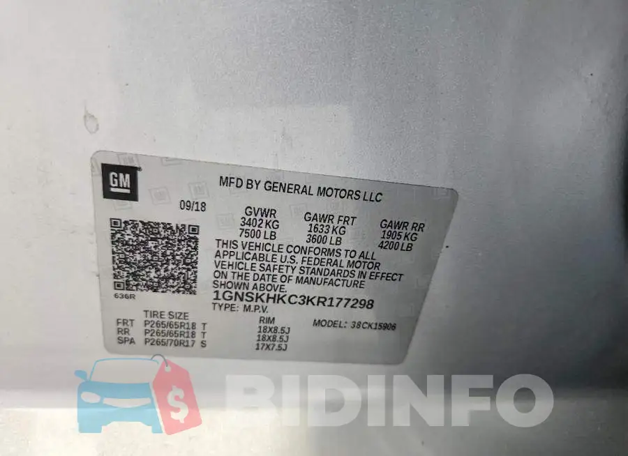 1GNSKHKC3KR177298 Photo# 13