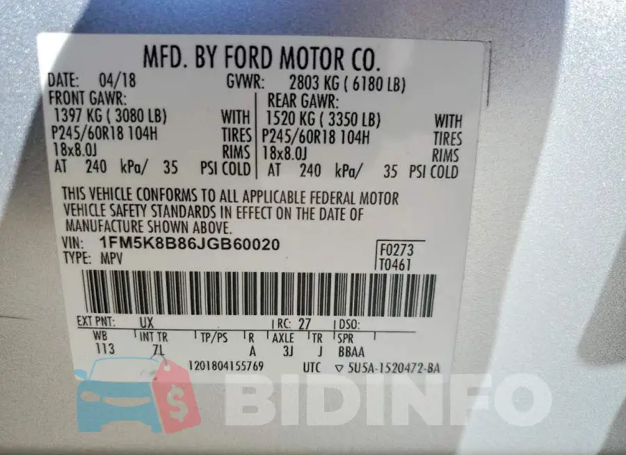 1FM5K8B86JGB60020 Photo# 13