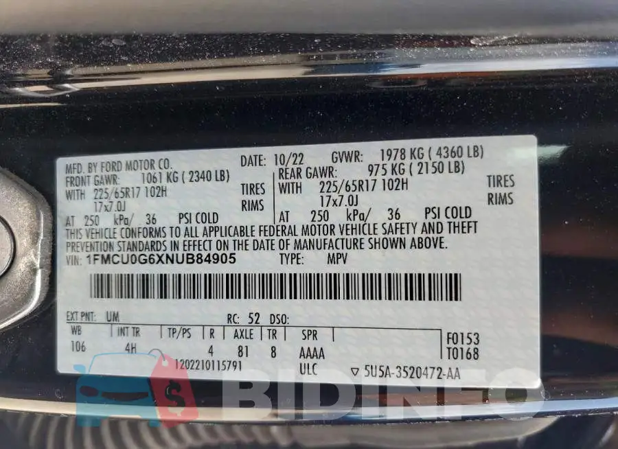 1FMCU0G6XNUB84905 Photo# 13