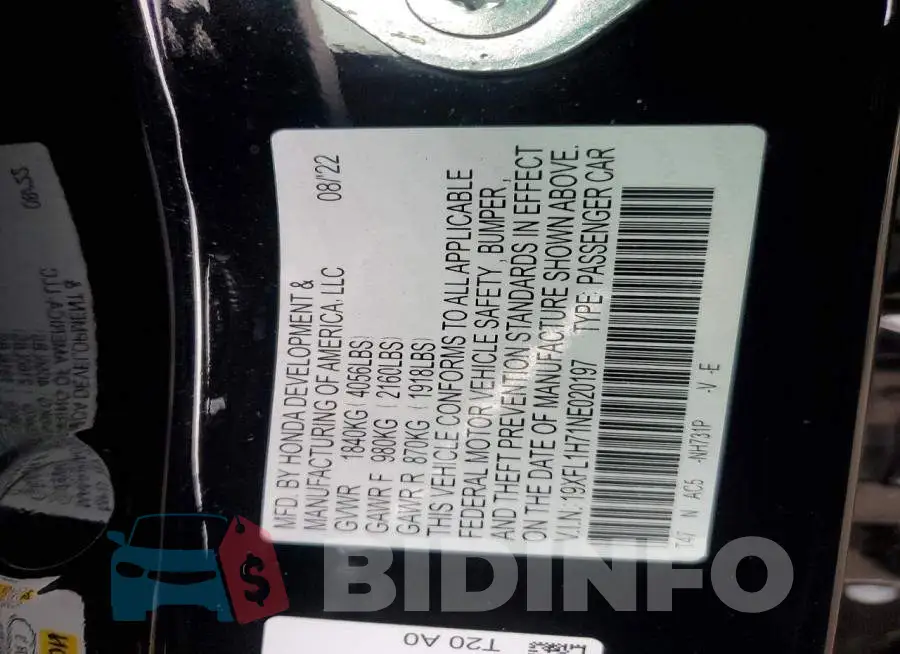 19XFL1H71NE020197 Photo# 12