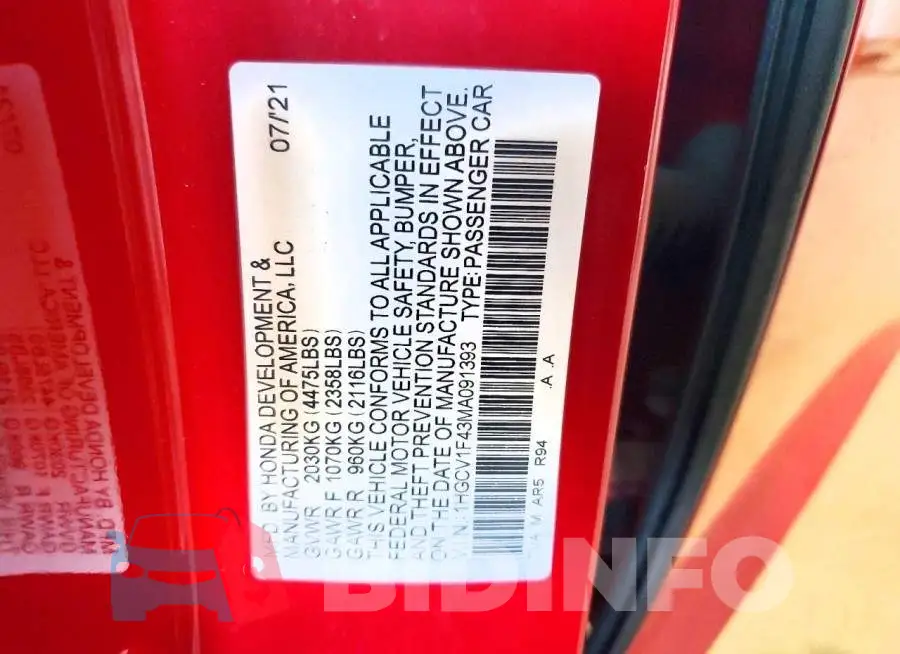 1HGCV1F43MA091393 Photo# 12