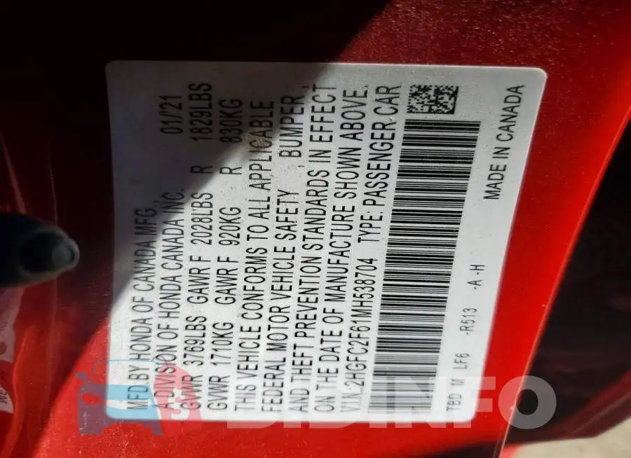 2HGFC2F61MH538704 Photo# 12
