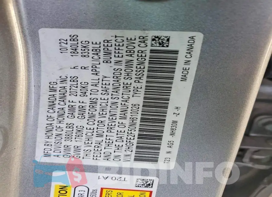 2HGFE2F50NH610026 Photo# 13
