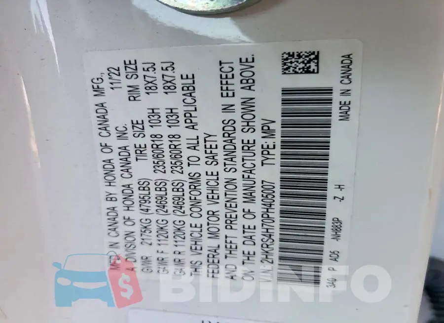 2HKRS4H70PH405007 Photo# 14