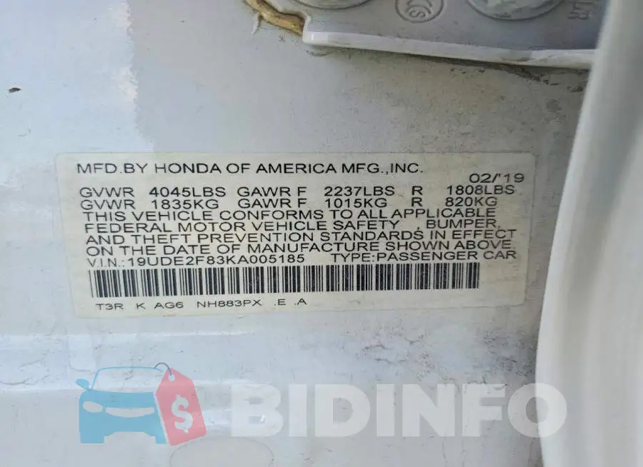 19UDE2F83KA005185 Photo# 12