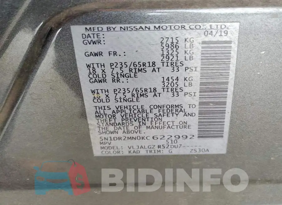 5N1DR2MN0KC622992 Photo# 13