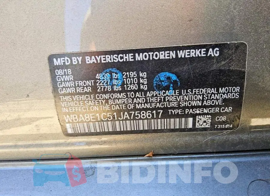 WBA8E1C51JA758617 Photo# 12