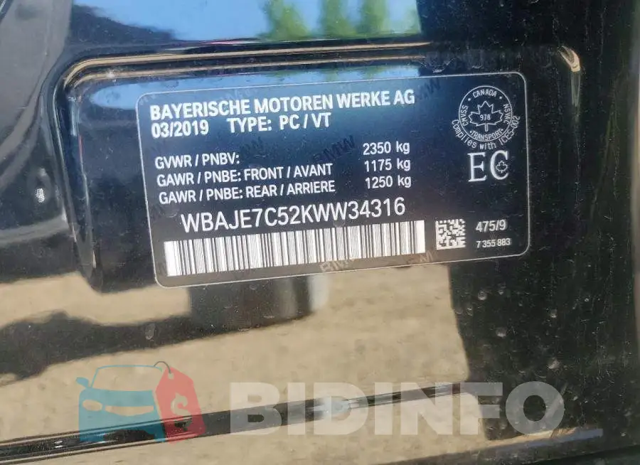 WBAJE7C52KWW34316 Photo# 12