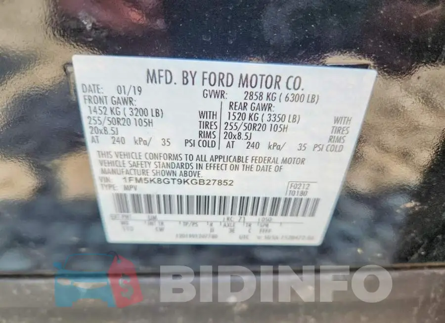 1FM5K8GT9KGB27852 Photo# 13