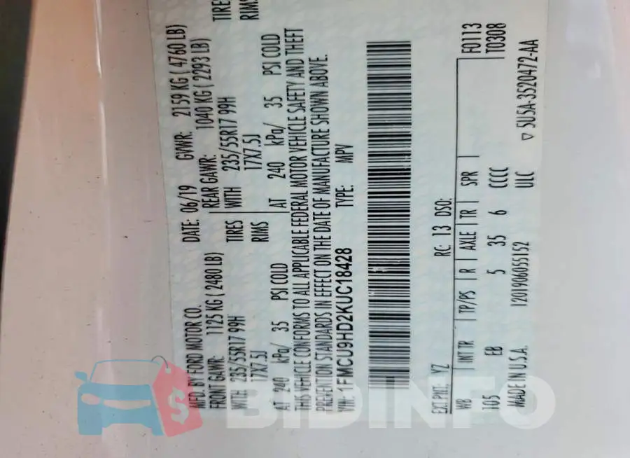 1FMCU9HD2KUC18428 Photo# 14