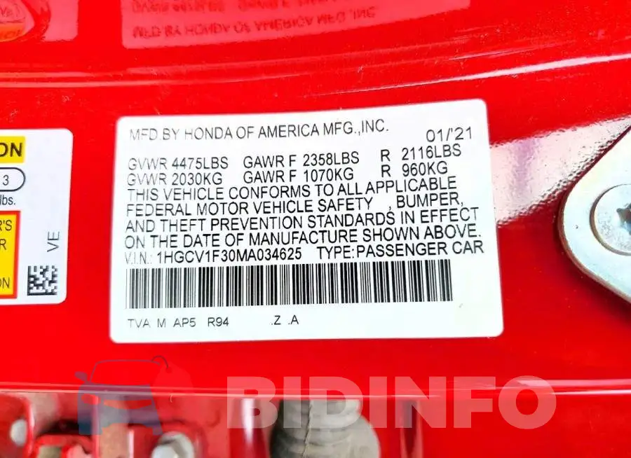 1HGCV1F30MA034625 Photo# 12