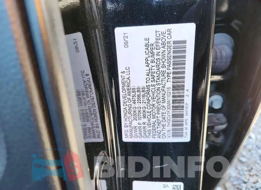 1HGCV1F30MA110215 Photo# 13