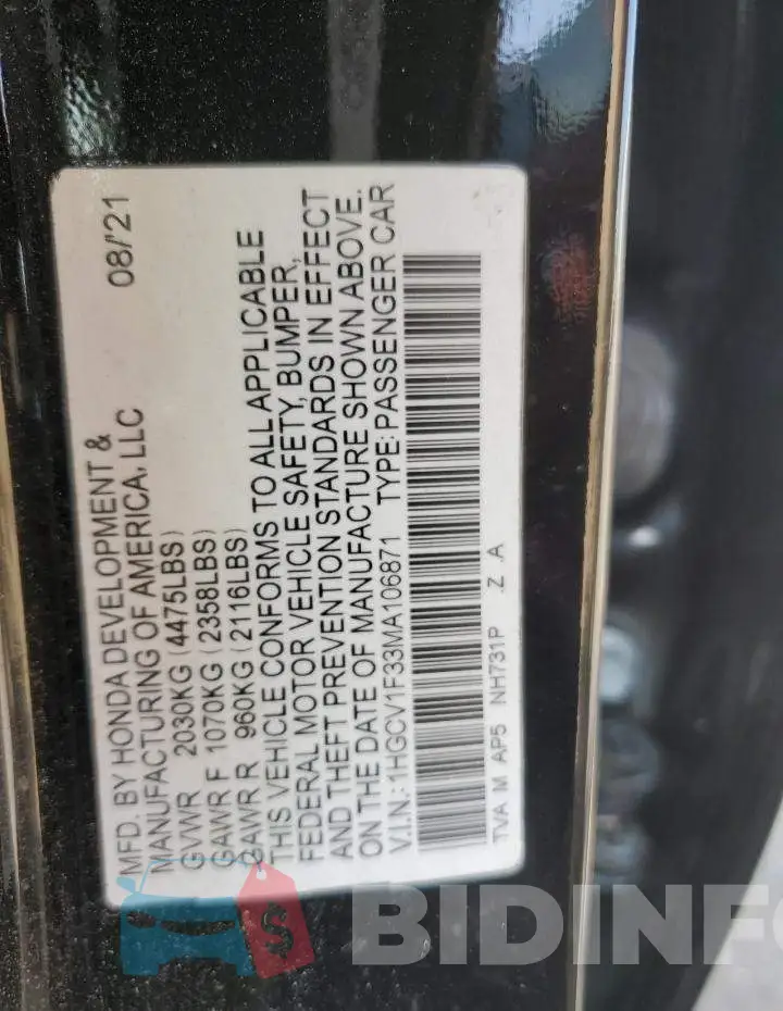 1HGCV1F33MA106871 Photo# 12
