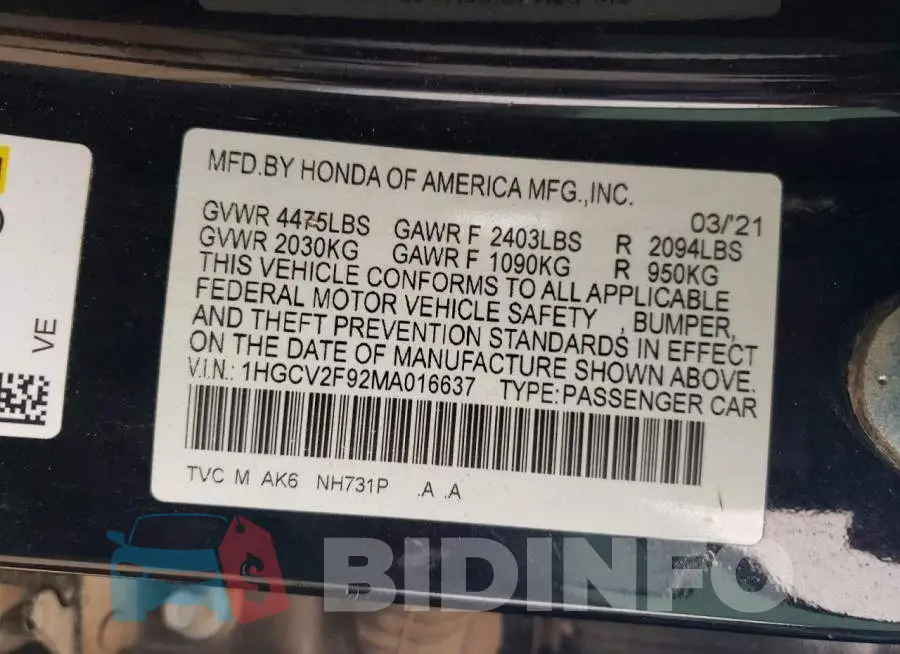 1HGCV2F92MA016637 Photo# 12