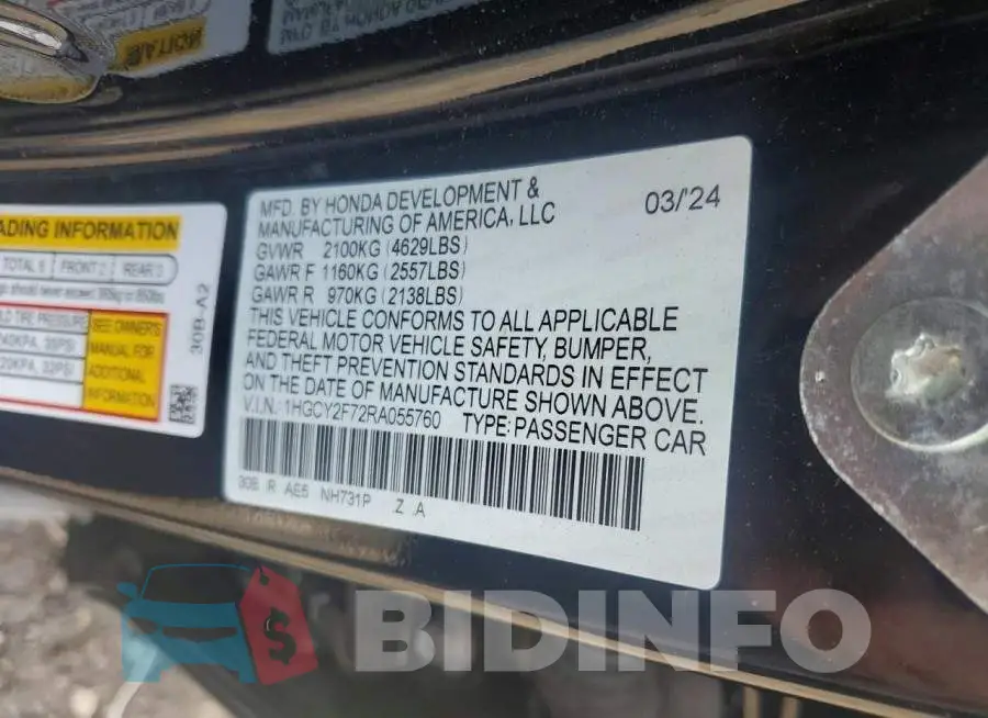 1HGCY2F72RA055760 Photo# 12
