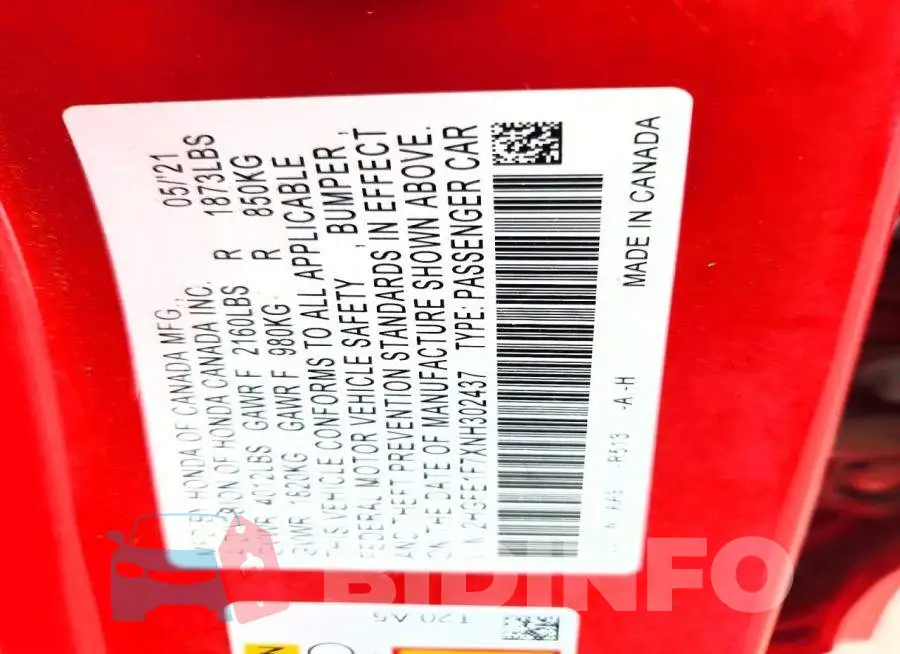 2HGFE1F7XNH302437 Photo# 13