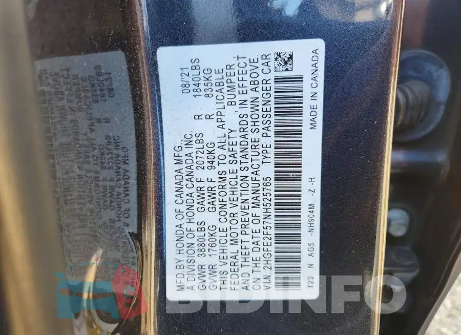 2HGFE2F57NH525765 Photo# 12
