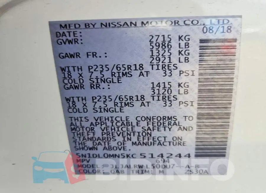 5N1DL0MN5KC514244 Photo# 12