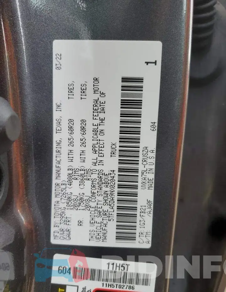 5TFLA5DA9NX020434 Photo# 12