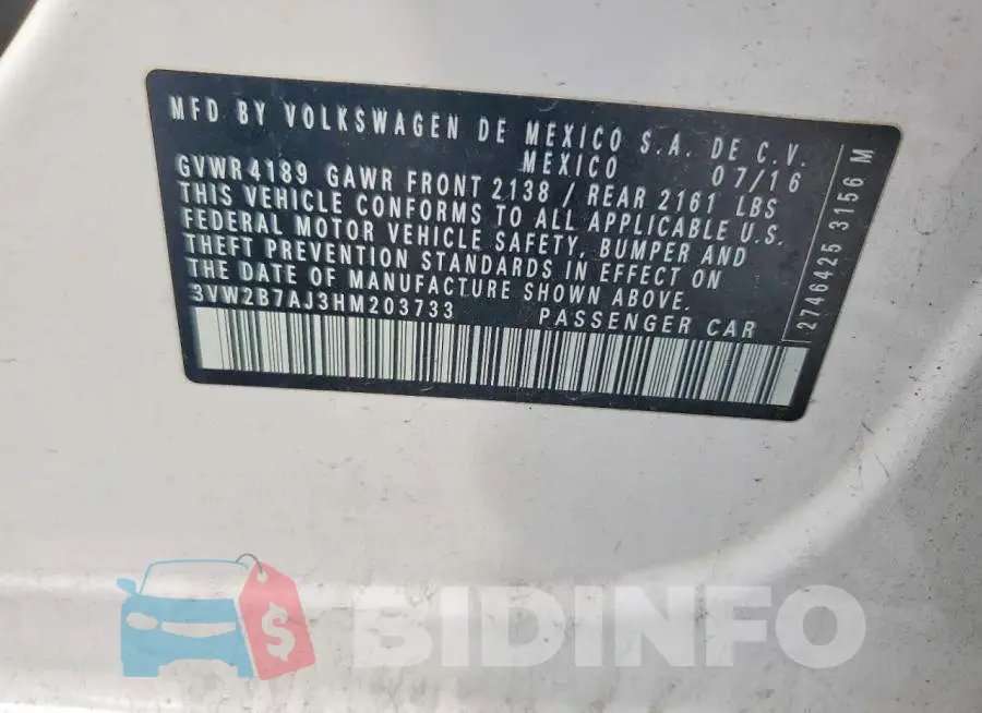 3VW2B7AJ3HM203733 Photo# 12