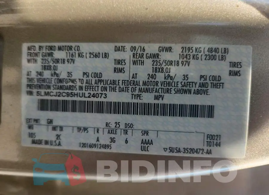 5LMCJ2C95HUL24073 Photo# 14