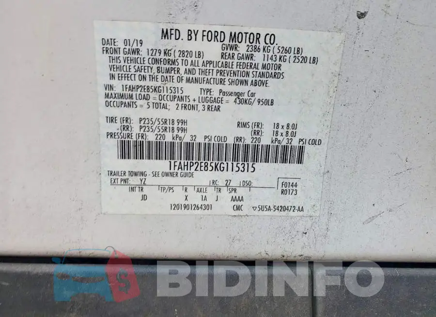 1FAHP2E85KG115315 Photo# 12