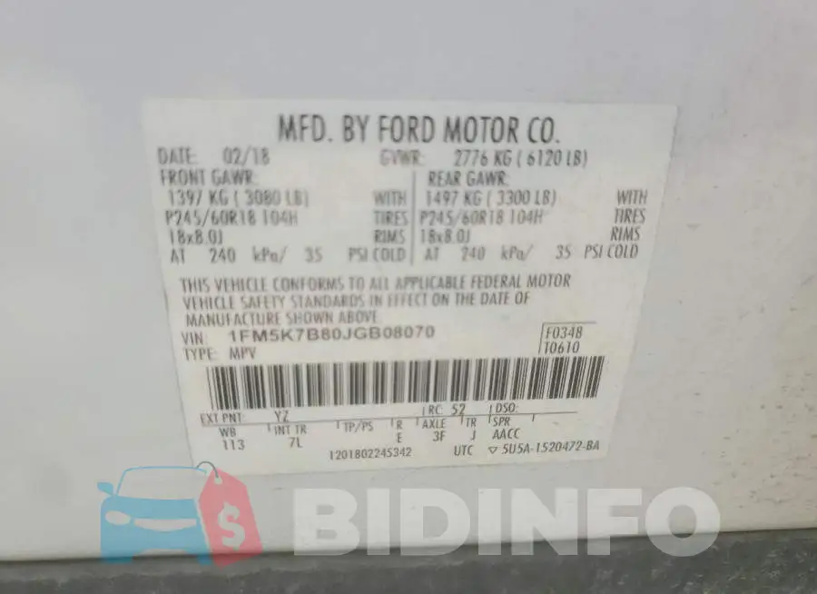 1FM5K7B80JGB08070 Photo# 14