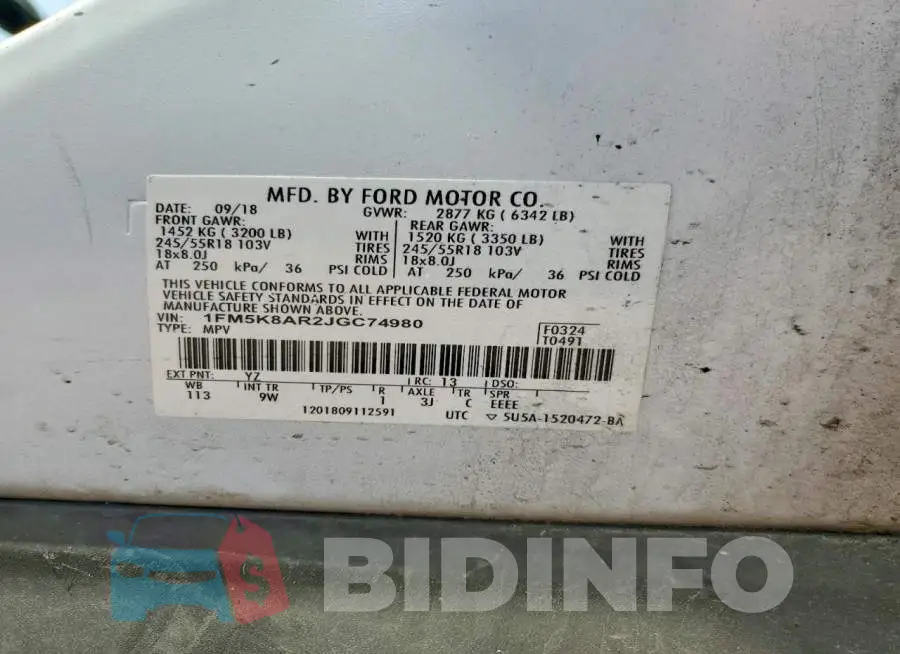 1FM5K8AR2JGC74980 Photo# 13