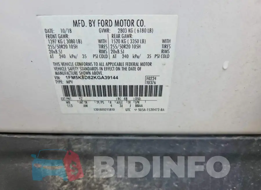 1FM5K8D82KGA39144 Photo# 12