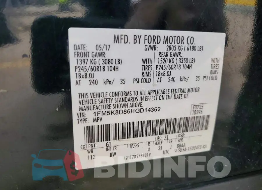 1FM5K8D86HGD14362 Photo# 14