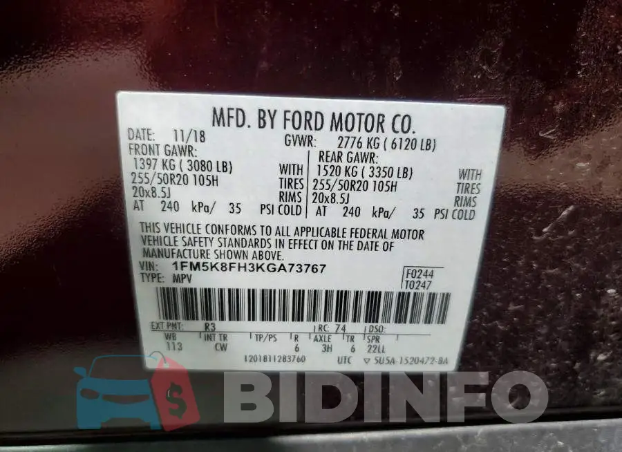 1FM5K8FH3KGA73767 Photo# 13