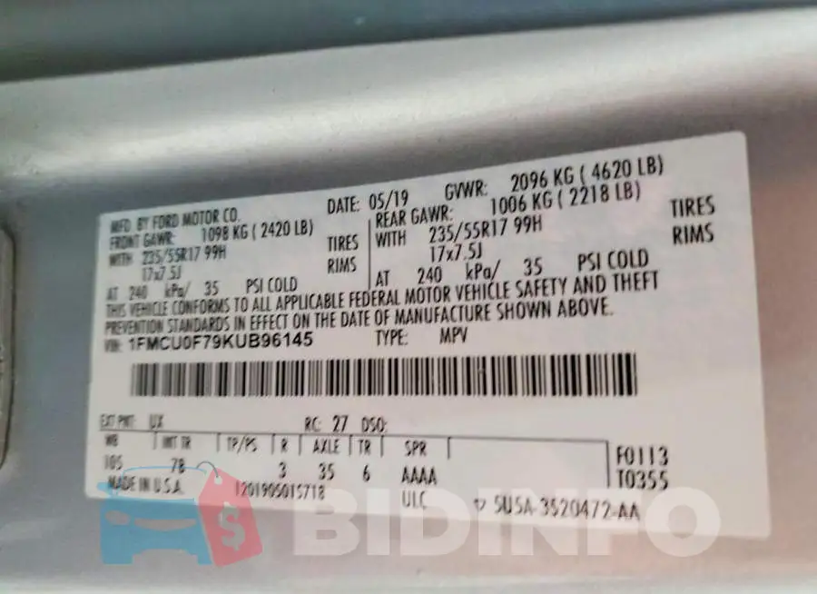 1FMCU0F79KUB96145 Photo# 13