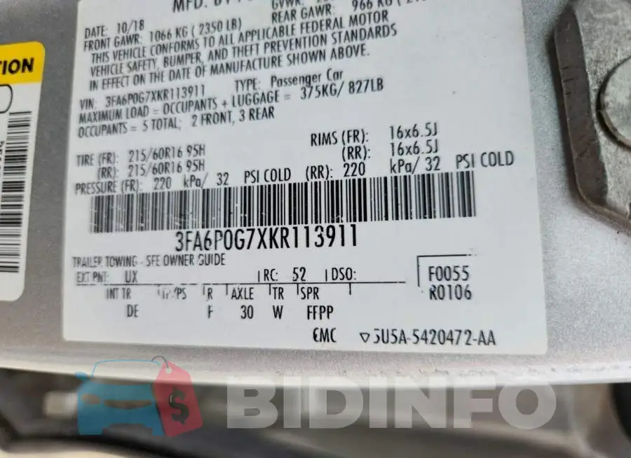 3FA6P0G7XKR113911 Photo# 13