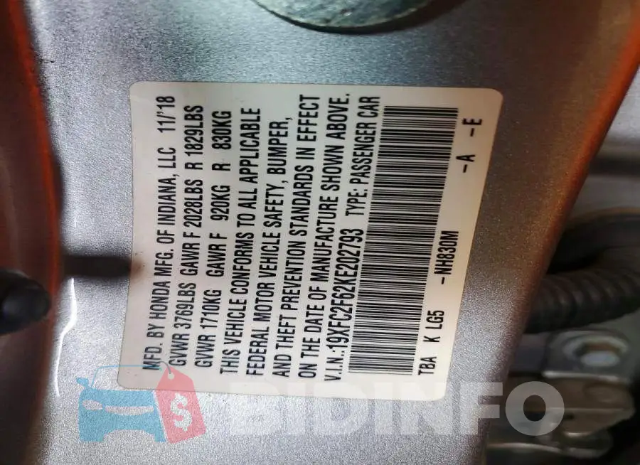 19XFC2F62KE202793 Photo# 13